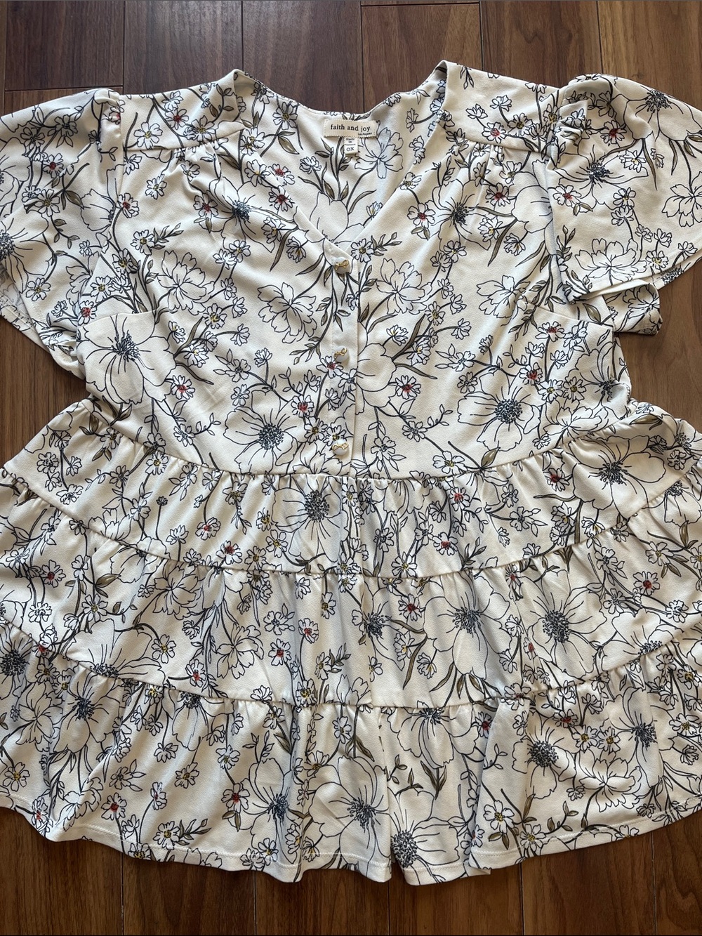 Faith and Joy Cream Floral Ruffled Button-Front Dress V neck Stretchable Plus OX